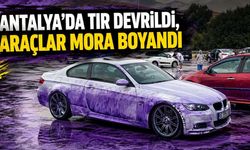 Antalya’da TIR devrildi, araçlar mora boyandı