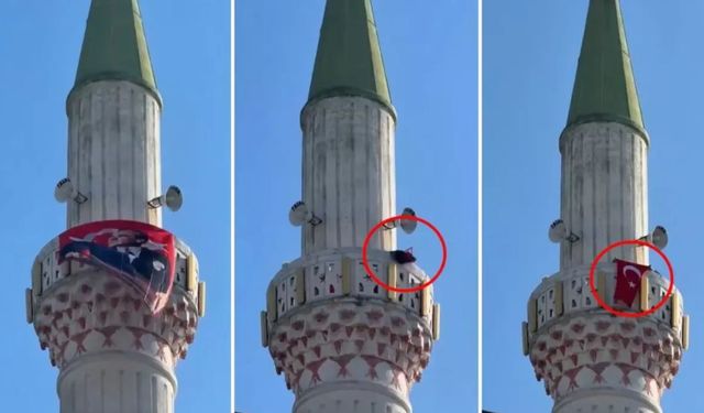 Şehit cenazesinde skandal provokasyon! Minareye çıkıp Atatürk'lü bayrağı...