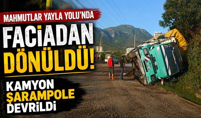 Mahmutlar Yayla Yolu'nda faciadan dönüldü! Kamyon şarampole devrildi