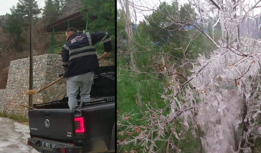 Alanya'da buz şoku! Kırsal kesim buz pistine döndü