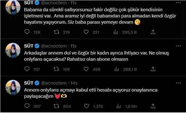 <p>Hal böyle olunca Onlyfans'a giren girene... Son olarak acnoctem adlı hesap platforma annesinin de gireceğini yazdı. Kendisi de erotik pozlarını paylaşan Türk kızı "Annem Onlyfans açmayı kabul etti hesabı açıyoruz onaylanınca paylaşacağım" my yazınca Ekşi Sözlük'ün de diline düştü.</p>