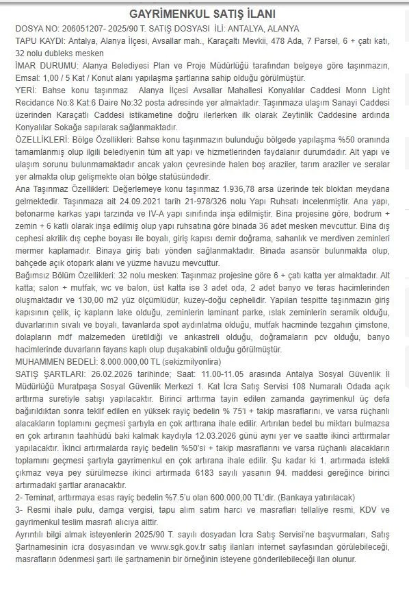 Sgk Alanya Dubleks Daire Satisi Ilan